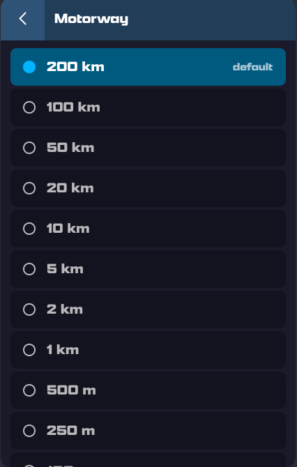 The Motorway distance picker listing 200 km (default) down to 100 m