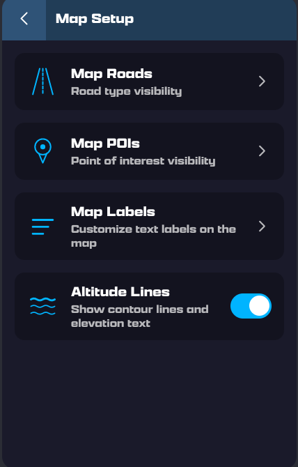 Map Setup panel: Map Roads, Map POIs, Map Labels and an Altitude Lines toggle switched on
