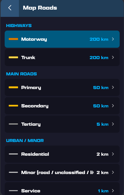Map Roads grouped into Highways, Main Roads and Urban/Minor — each type showing a distance such as 200 km or 5 km