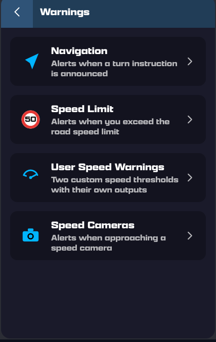The Warnings settings: Navigation, Speed Limit, User Speed Warnings and Speed Cameras