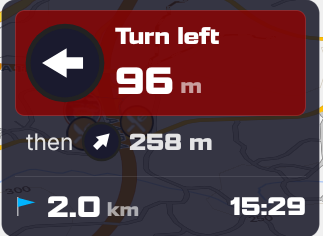 The turn instruction card: a left-turn arrow with the maneuver and distance, a 'then' preview of the next turn, and remaining distance to destination with ETA — tapping it opens Navigation Options