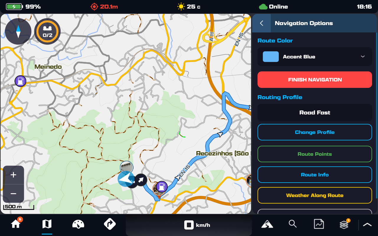 Navigation Options panel: Route Color, Finish Navigation, Routing Profile (Road Fast) with Change Profile, Route Points, Route Info and Weather Along Route