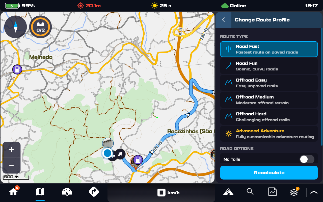 Change Route Profile picker: Road Fast, Road Fun, Offroad Easy, Offroad Medium, Offroad Hard and Advanced Adventure, plus road options and a Recalculate button