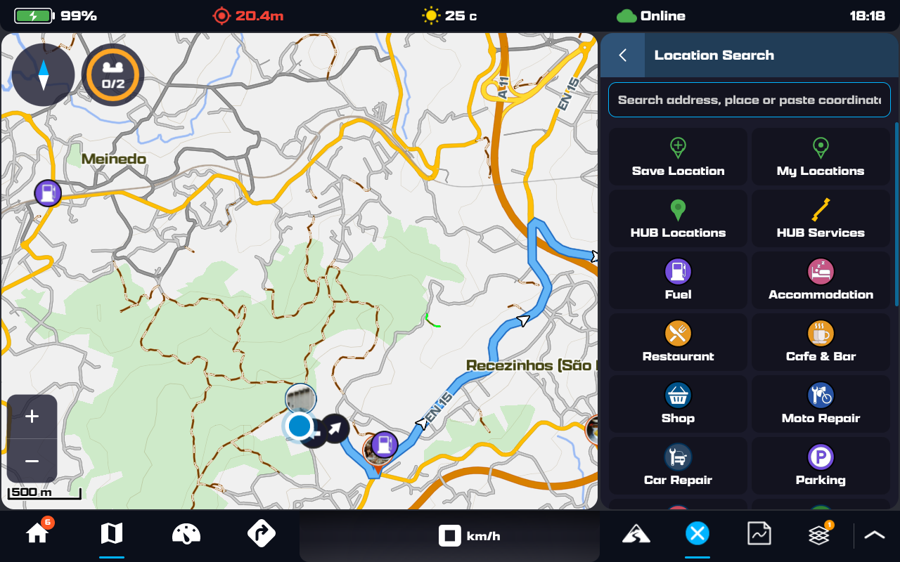 The Location Search panel with a search field and quick categories: Save Location, My Locations, HUB Locations, Fuel, Restaurant and more