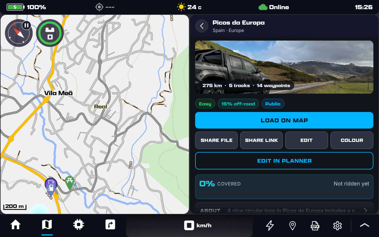 A HUB GPX file's details, Picos da Europa: LOAD ON MAP, then SHARE FILE, SHARE LINK, EDIT and COLOUR, and EDIT IN PLANNER in an accent outline below them.