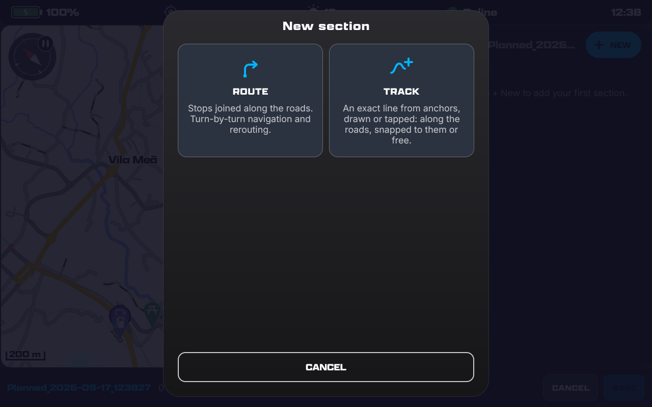 The New section card with two tiles: ROUTE, stops joined along the roads with turn-by-turn navigation and rerouting; TRACK, an exact line from anchors, drawn or tapped.