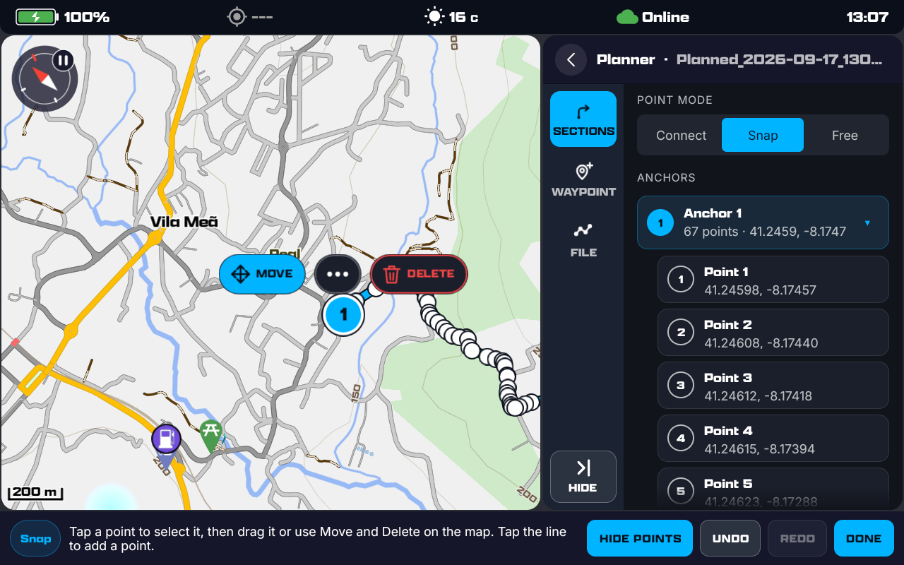 Anchor 1 selected on the map with MOVE, ⋯ and DELETE beside it; its row open in the list with Point 1 to Point 5 beneath, and the how-to for points in the bottom bar.