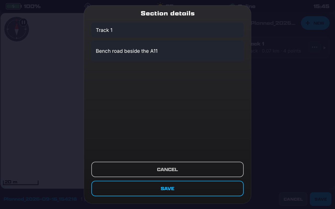 The Section details card with a Name field reading Track 1 and a Description field, and CANCEL / SAVE buttons.