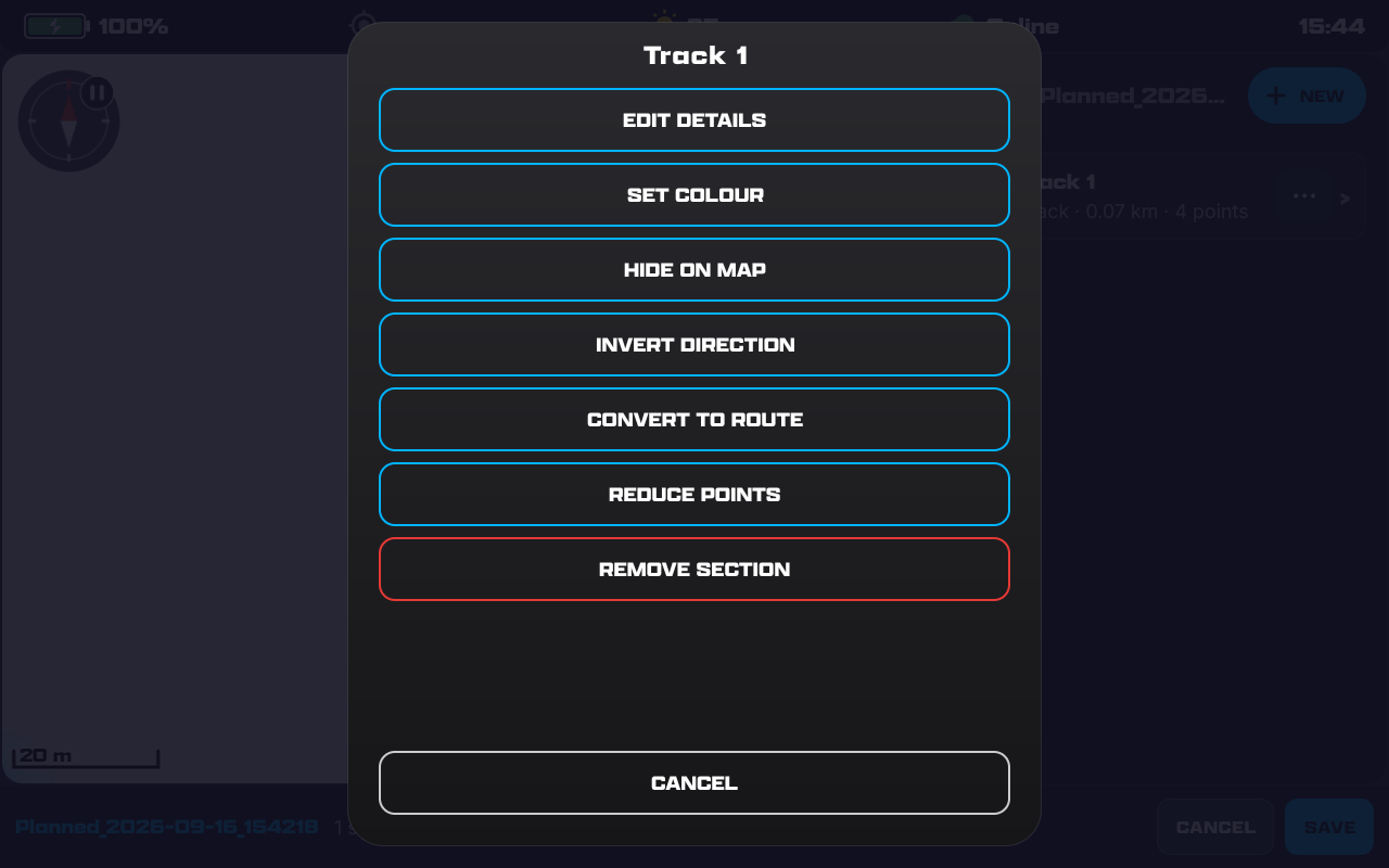 A track section's menu: EDIT DETAILS, SET COLOUR, HIDE ON MAP, INVERT DIRECTION, CONVERT TO ROUTE, REDUCE POINTS, REMOVE SECTION and CANCEL.