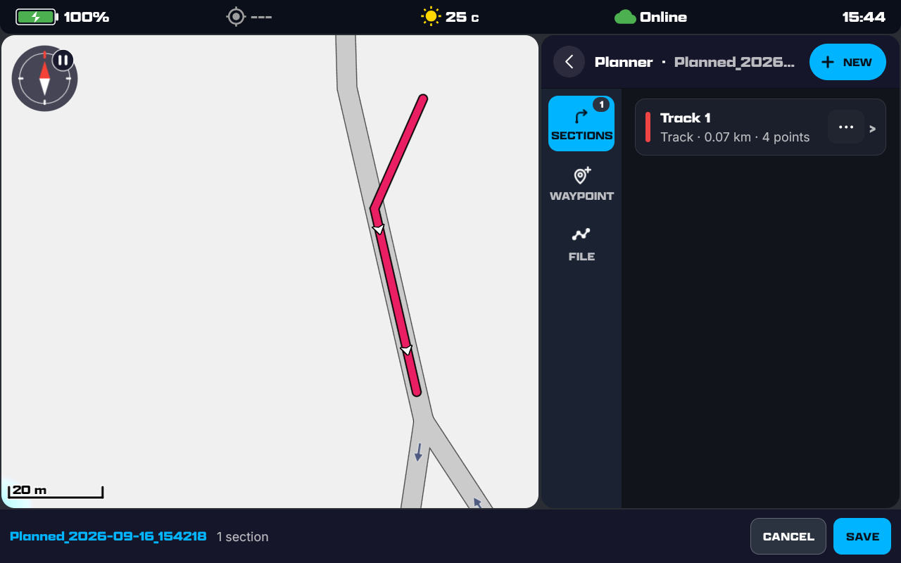 The planner in landscape: the map on the left with a red track on the road, the planner panel on the right with the SECTIONS, WAYPOINT and FILE tabs down its edge, one Track section row with a colour swatch and a ⋯ button, + NEW in the title bar, and CANCEL / SAVE in the bottom bar.