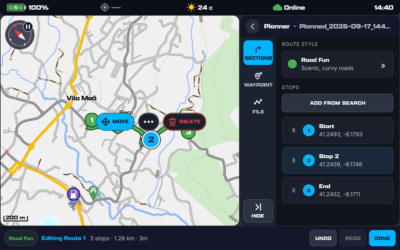 A Road Fun route with three stops; stop 2 selected on the map with MOVE, ⋯ and DELETE above it, and its row lit in the STOPS list.