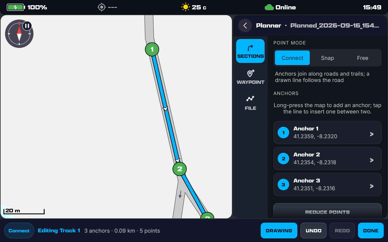 A track drawn with the finger: anchors 1, 2 and 3 on the road and the blue line following the road down a fork; the panel lists the three anchors with their coordinates and 3 anchors · 0.09 km · 5 points in the bottom bar.