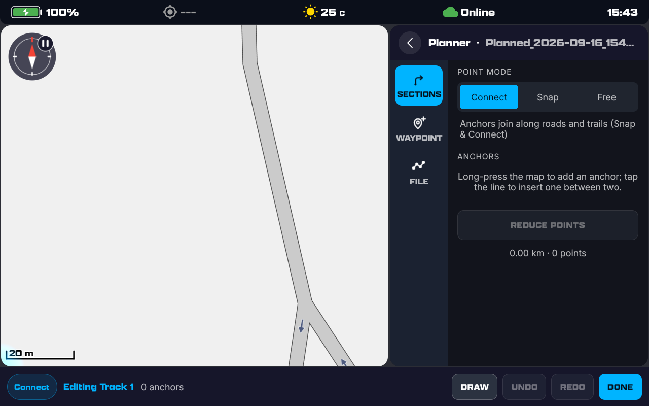 The track editor before any anchor: POINT MODE pills Connect, Snap and Free; the ANCHORS hint 'Long-press the map to add an anchor; tap the line to insert one between two'; a REDUCE POINTS button; 0.00 km · 0 points; and DRAW, UNDO, REDO, DONE in the bottom bar.
