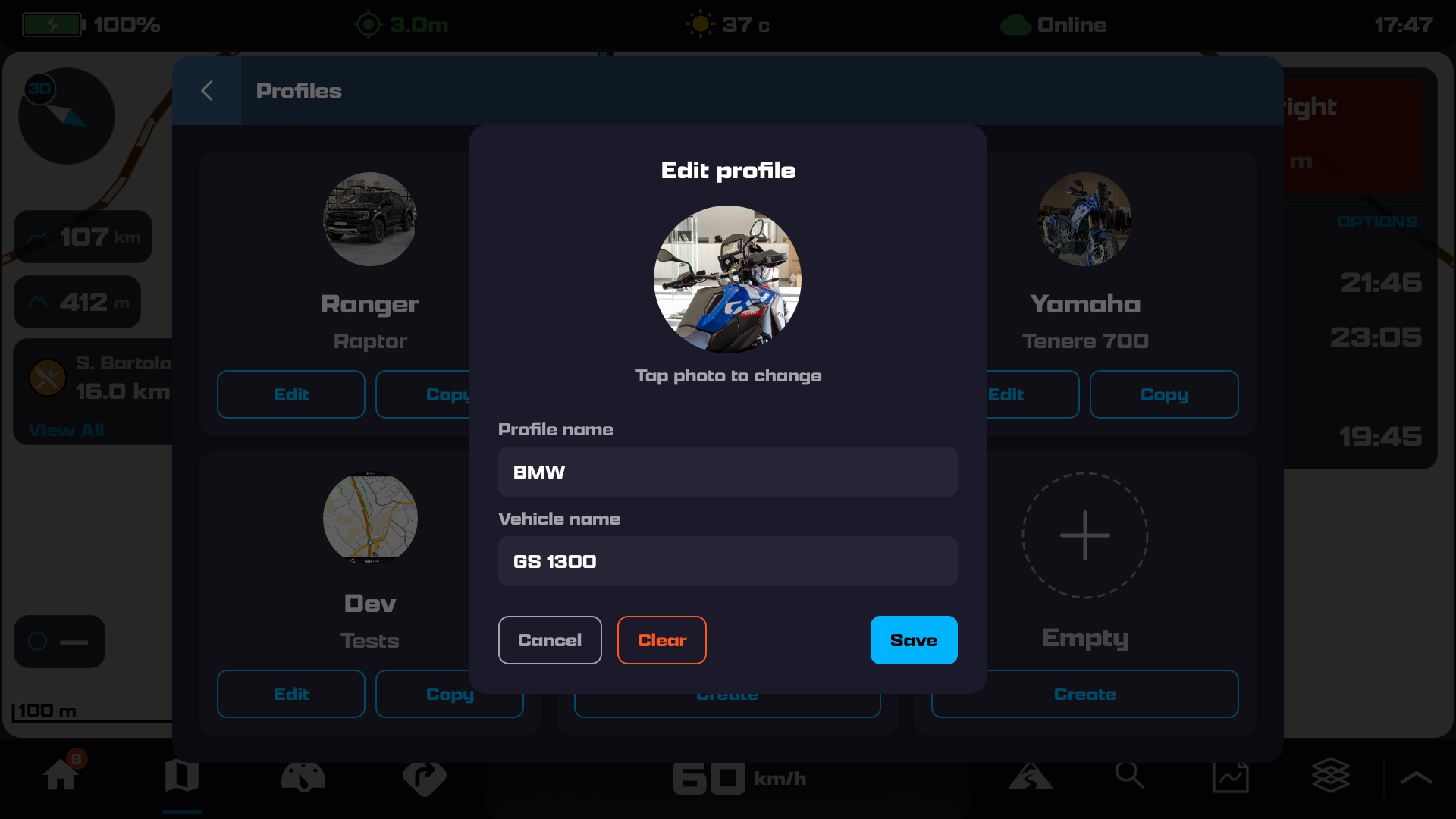 The Edit profile dialog with a photo, a Profile name field, a Vehicle name field, and Cancel / Clear / Save buttons