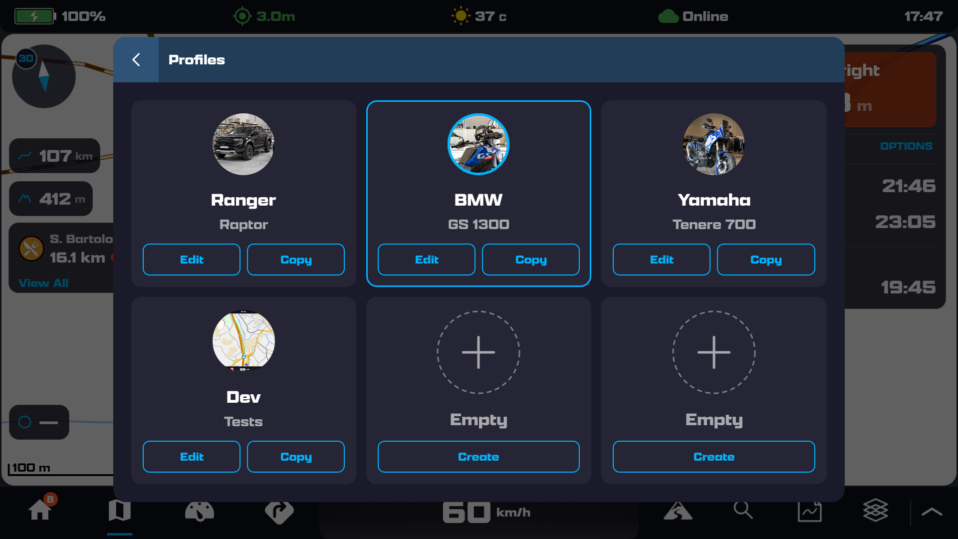 The Profiles selector showing six slots in a grid; the active BMW profile is highlighted with a cyan ring, two slots are empty