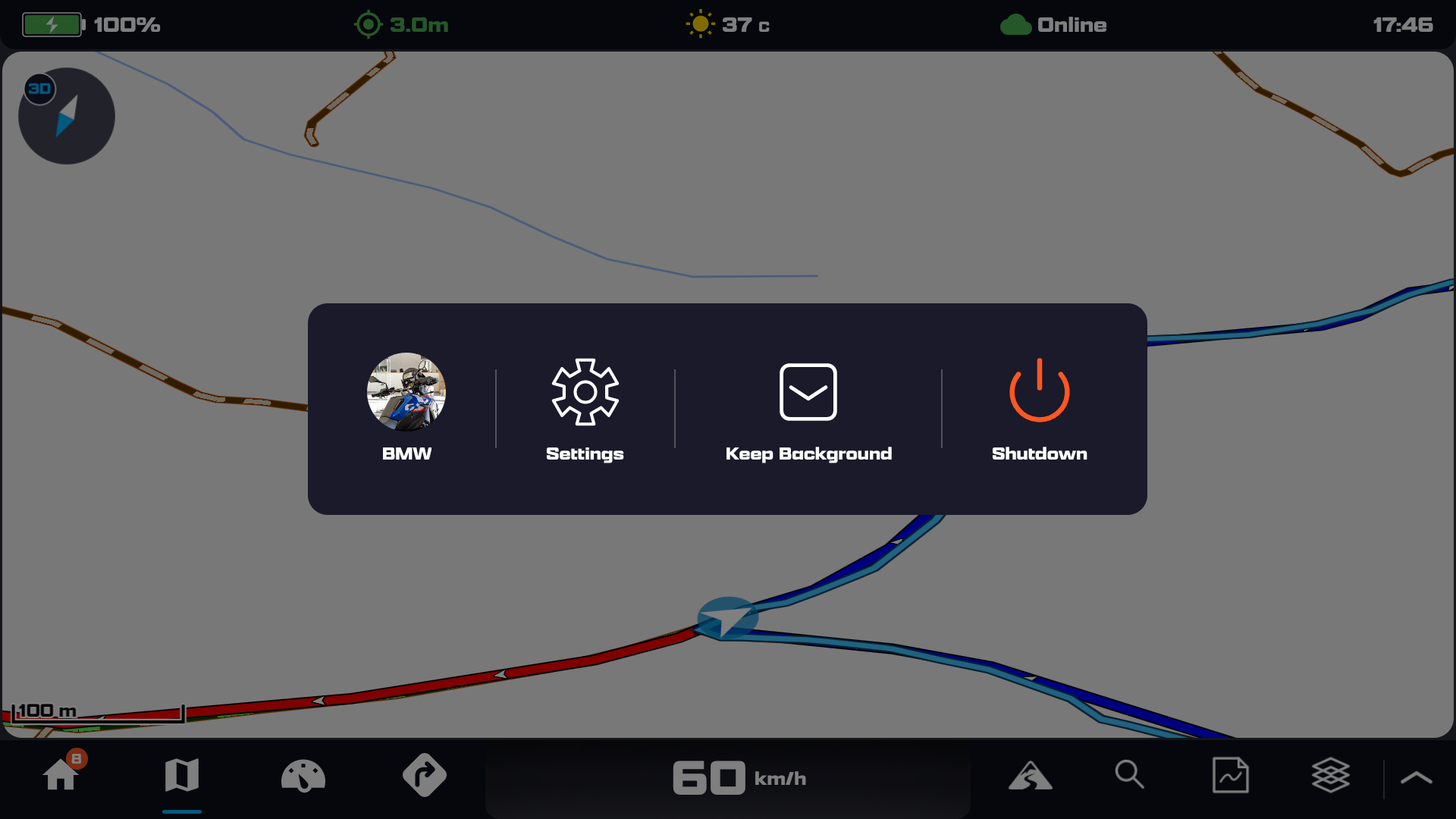 The Quick Menu overlay open in landscape, showing four columns: Profile, Settings, Keep Background and Shutdown