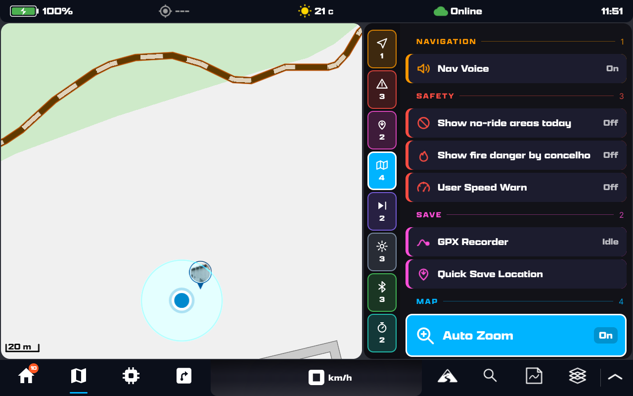The Remote Controller Menu open beside the map in landscape: a vertical rail of eight coloured family chips each showing its entry count, then the list grouped under Navigation, Safety, Save and Map headings, with the selected Auto Zoom row filled in the Map family's blue and showing On