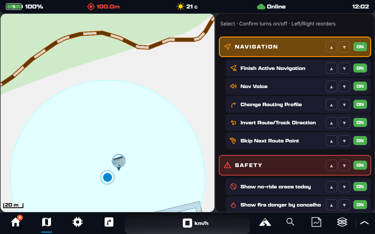 Menu Settings: a hint line reading Select, Confirm turns on/off, Left/Right reorders, then the Navigation family as a full-width amber band with its five entries indented below it, and the Safety family as a red band below that — every row carrying up and down reorder buttons and an ON toggle