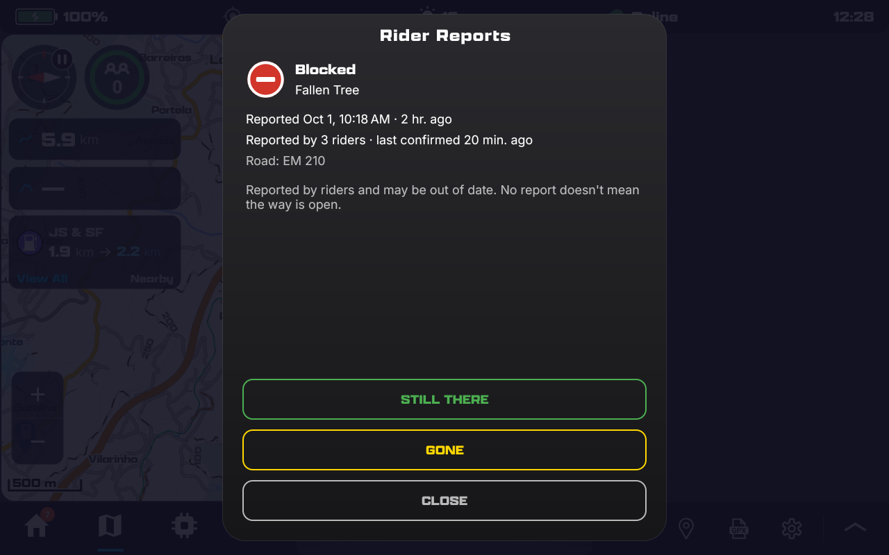 A tapped pin: Rider Reports, Blocked, Fallen Tree; Reported Oct 1, 10:18 AM, 2 hr. ago; Reported by 3 riders, last confirmed 20 min. ago; Road: EM 210; the note that reports may be out of date; STILL THERE, GONE and CLOSE