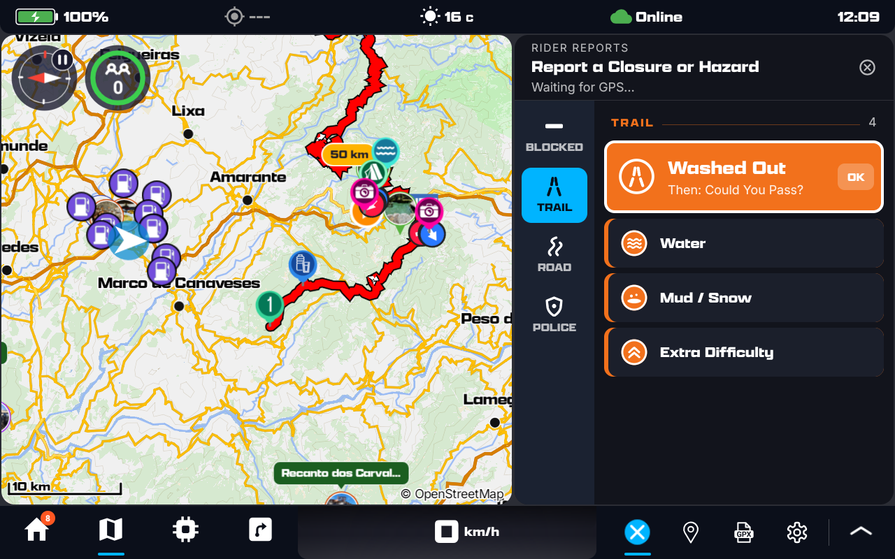 The report panel beside the map: Rider Reports, Report a Closure or Hazard, Waiting for GPS; the rail with Blocked, Trail, Road and Police, Trail selected; Washed Out as the big row with Then: Could You Pass? and OK, then Water, Mud / Snow and Extra Difficulty