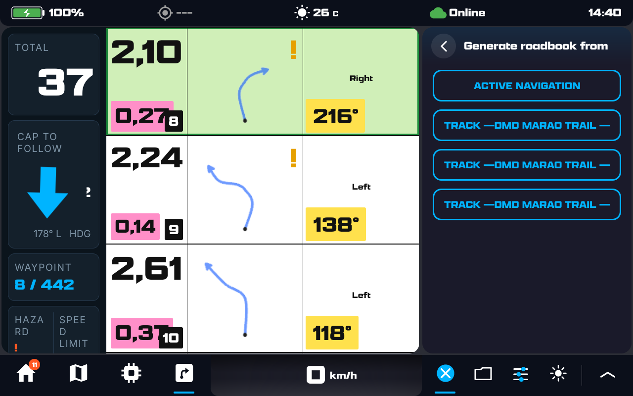 The Generate roadbook picker listing Active Navigation and loaded tracks as sources, shown over the roadbook view