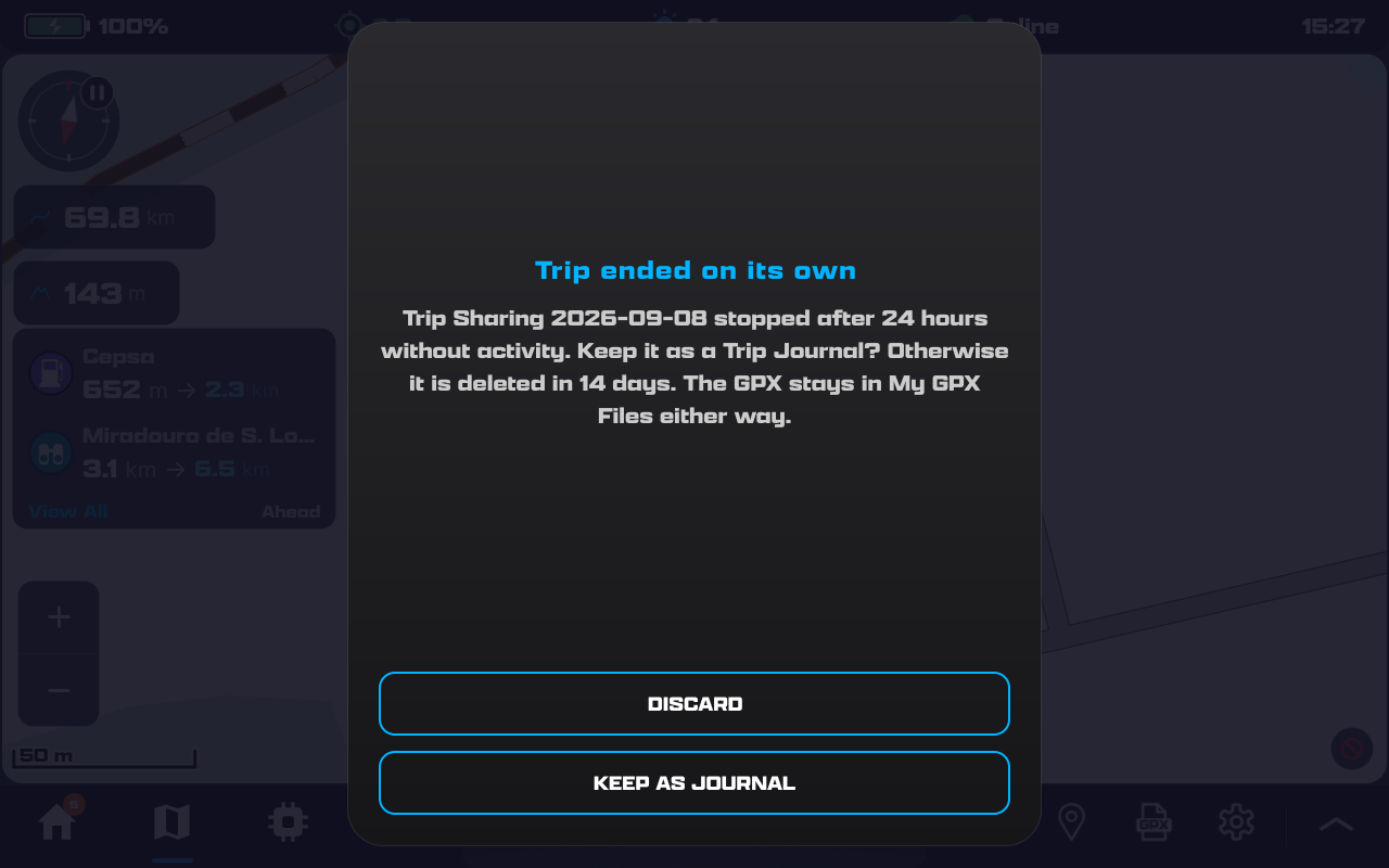 Trip ended on its own: Keep as Journal or Discard