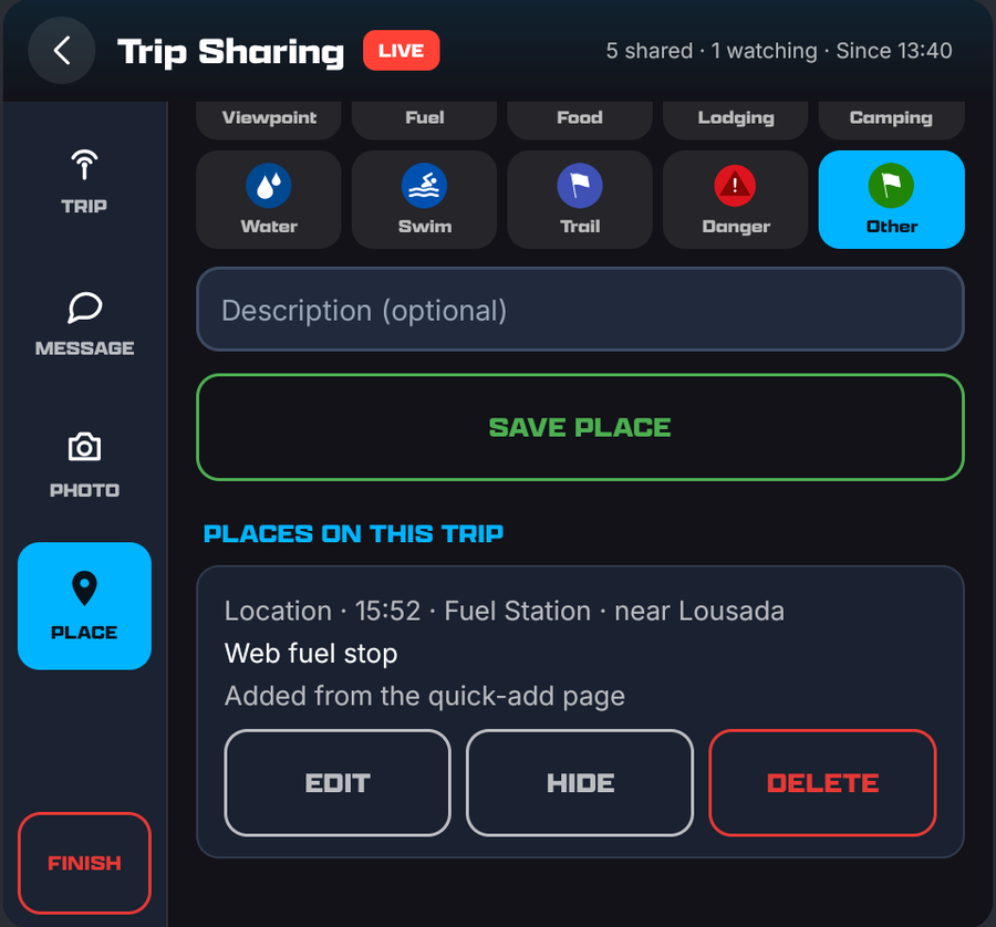 The companion's Place tab with a place saved from the phone, and Edit, Hide and Delete on it