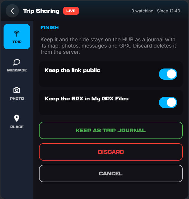 The Finish section: keep the link public, keep the GPX in My GPX Files, Keep as Trip Journal, Discard