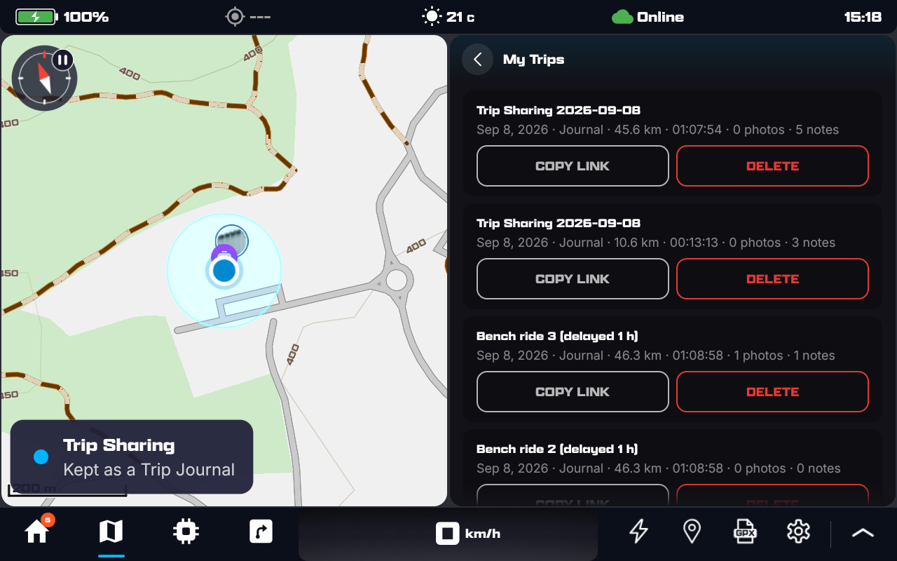My Trips in the app: journals with Copy Link and Delete, an auto-ended trip with Keep