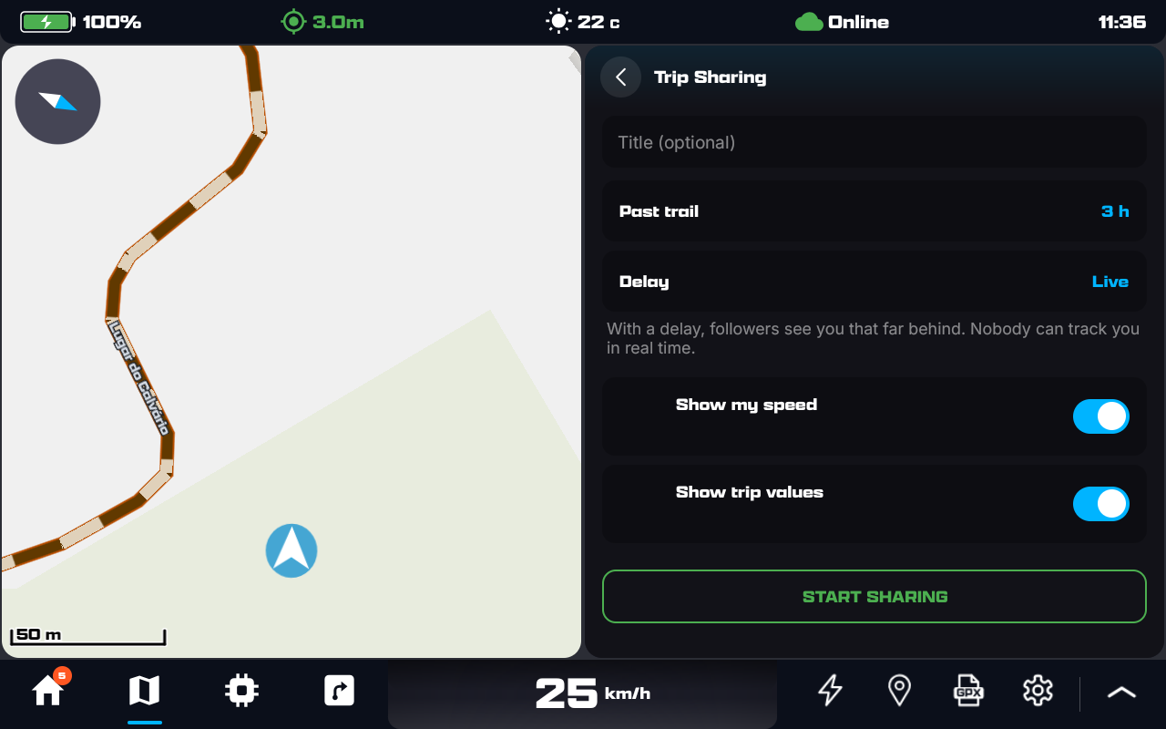 The Trip Sharing start form: past trail, delay, show my speed, show trip values, Start Sharing