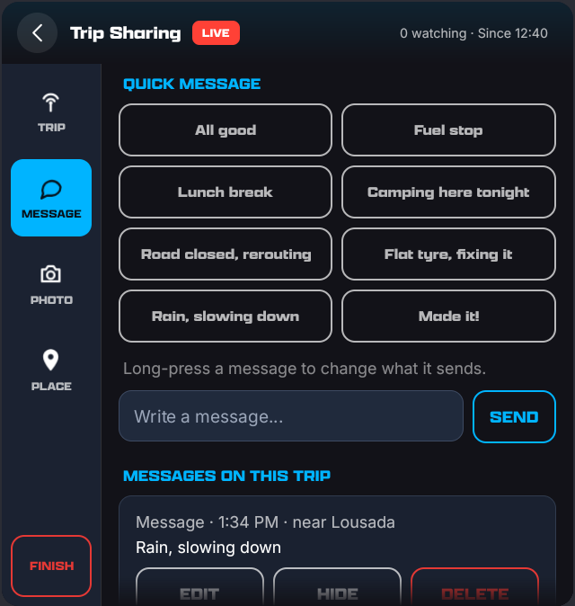 The Message tab: eight quick messages, a free-text field with Send, and the messages already posted with Edit, Hide and Delete