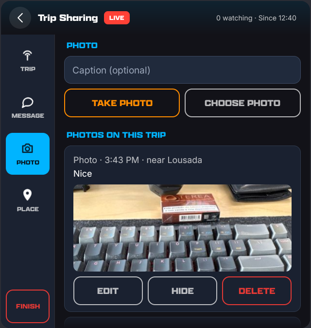 The Photo tab: a caption field, Take Photo and Choose Photo, and the photos already posted