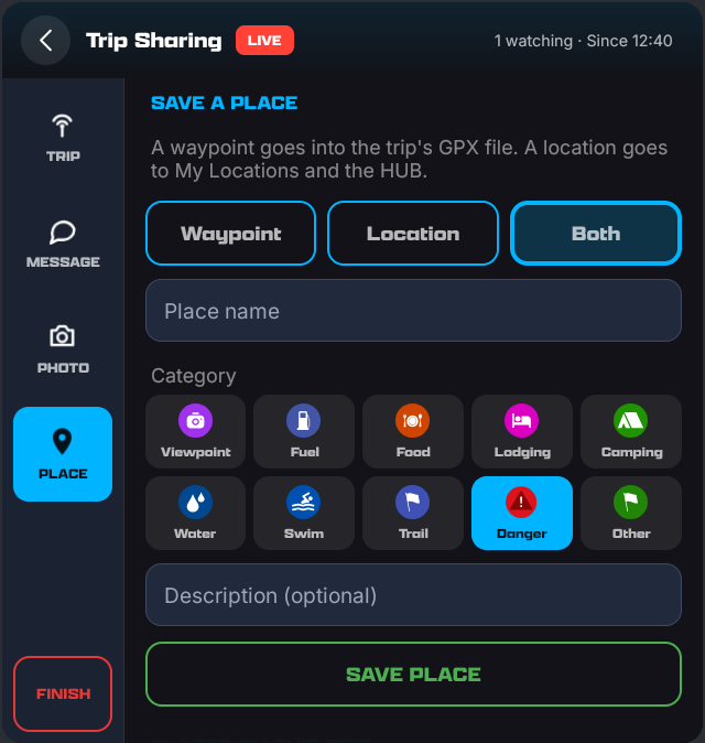 The Place tab: Waypoint, Location, Both; place name; ten category chips; description; Save Place