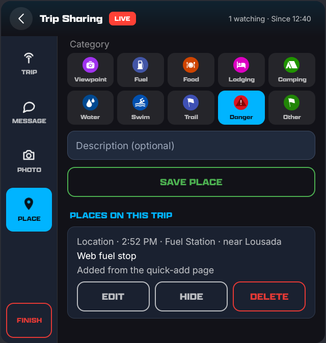 Places on this trip: a saved place with its category and description, and Edit, Hide and Delete