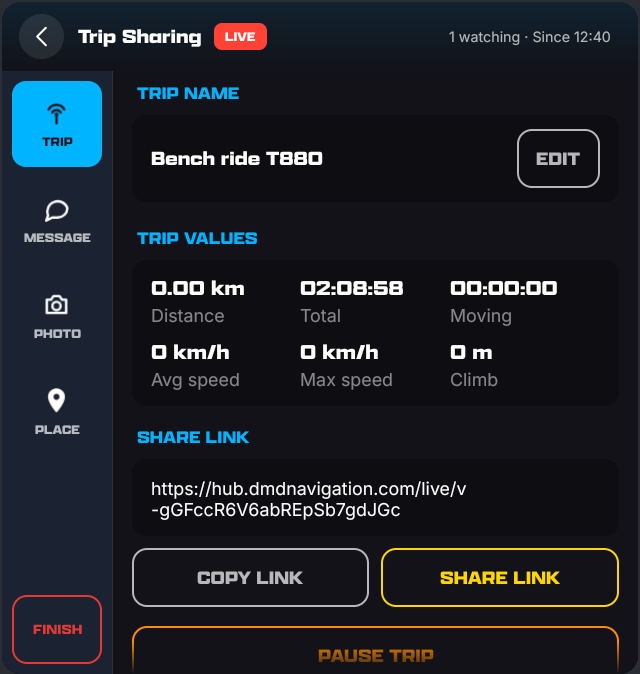 The live panel's Trip tab: LIVE badge, watching count, trip name with Edit, trip values, the share link, Copy Link, Share Link, Pause Trip, and Finish at the foot of the rail