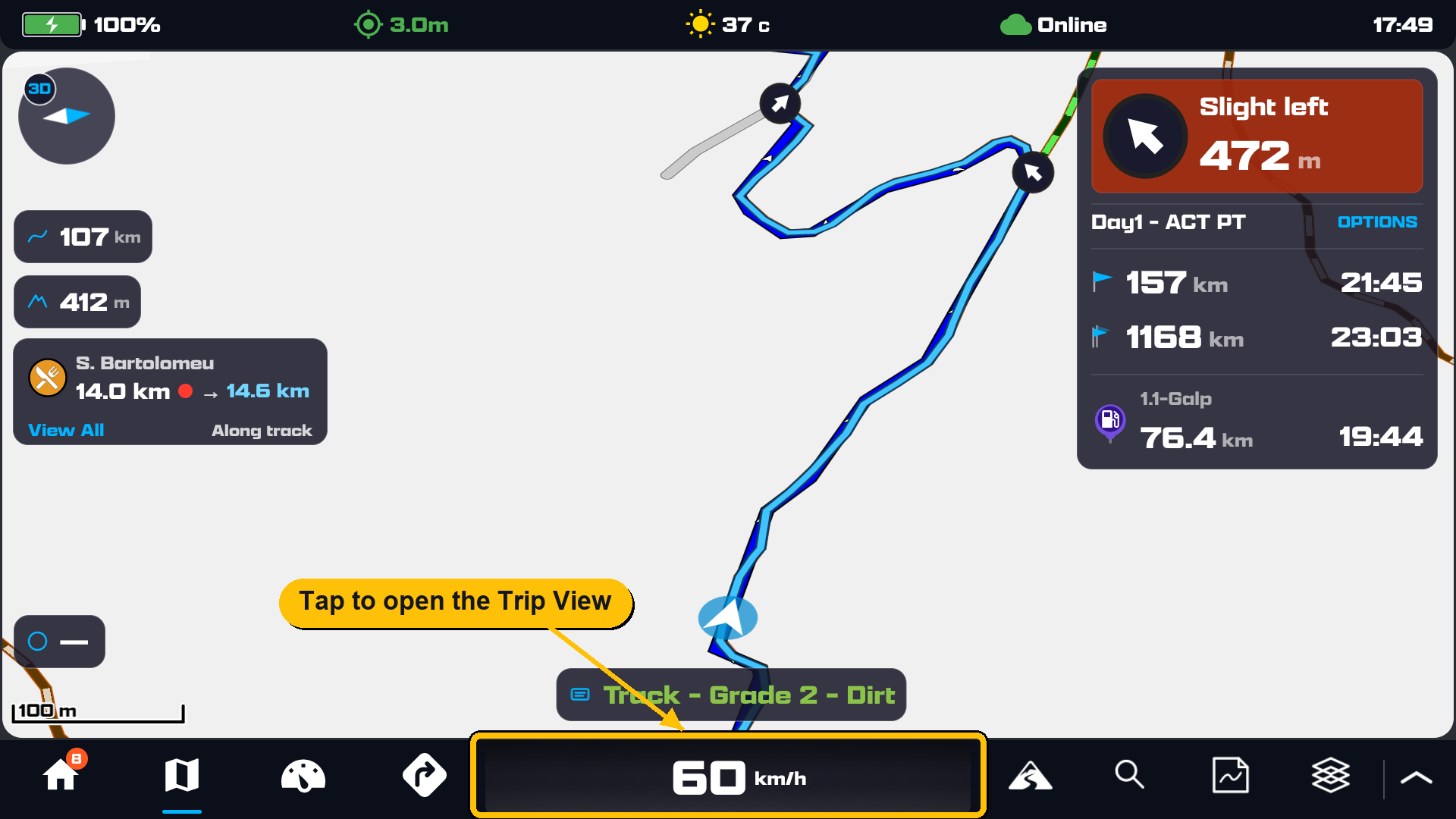 The speedo area in the centre of the bottom menu highlighted, with a note that tapping it opens the Trip view