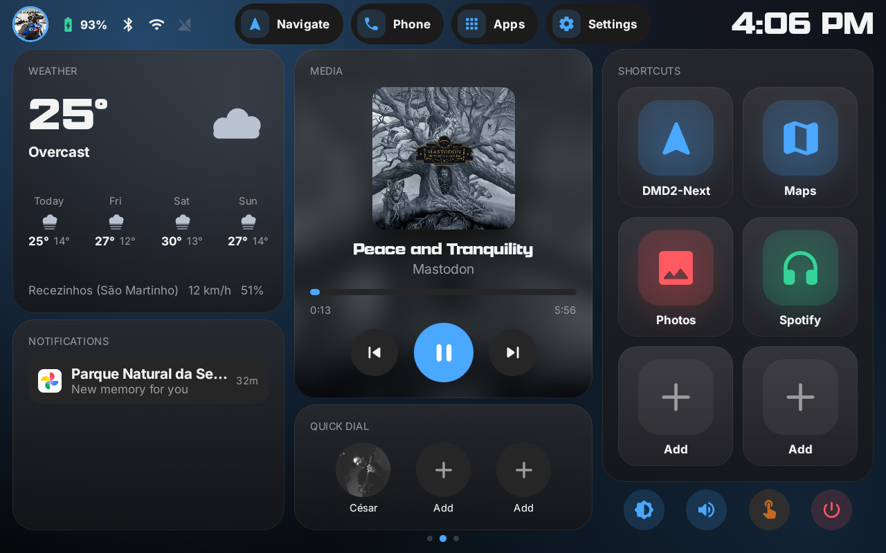 Mini Launcher home screen: weather, notifications, media player with album art, quick dial and shortcuts