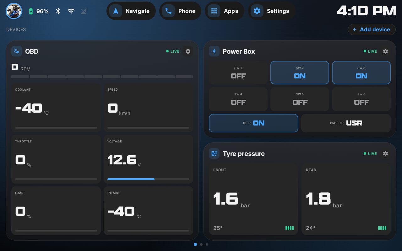 Devices page showing live OBD readings, Power Box switches and tyre pressures