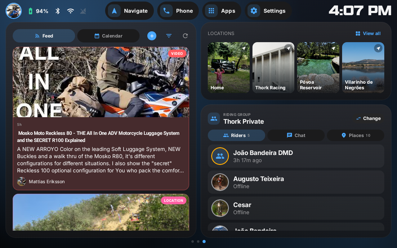 HUB page with the community feed, saved locations and the active riding group