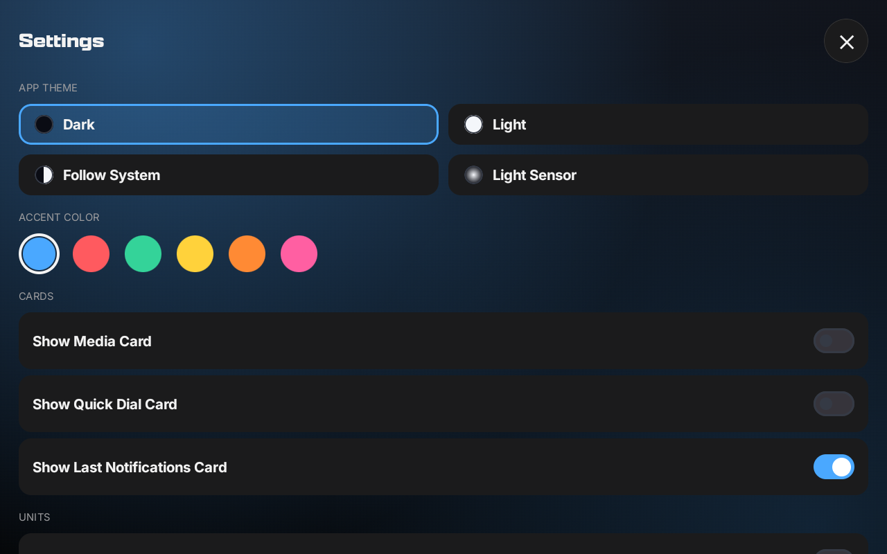 Mini Launcher settings showing the App Theme options, accent colour swatches and card visibility toggles