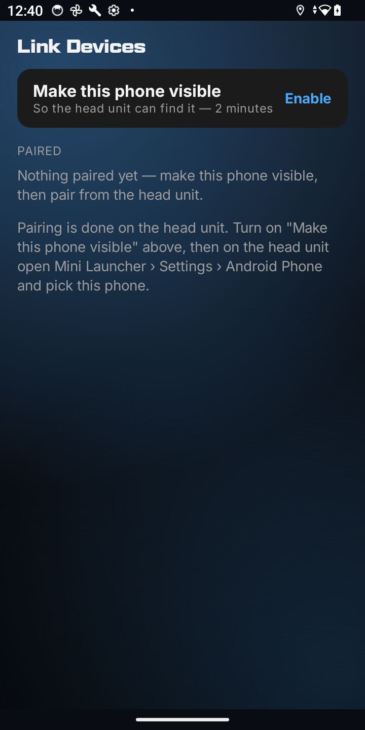 Link Devices screen: Make this phone visible, and the list of paired head units