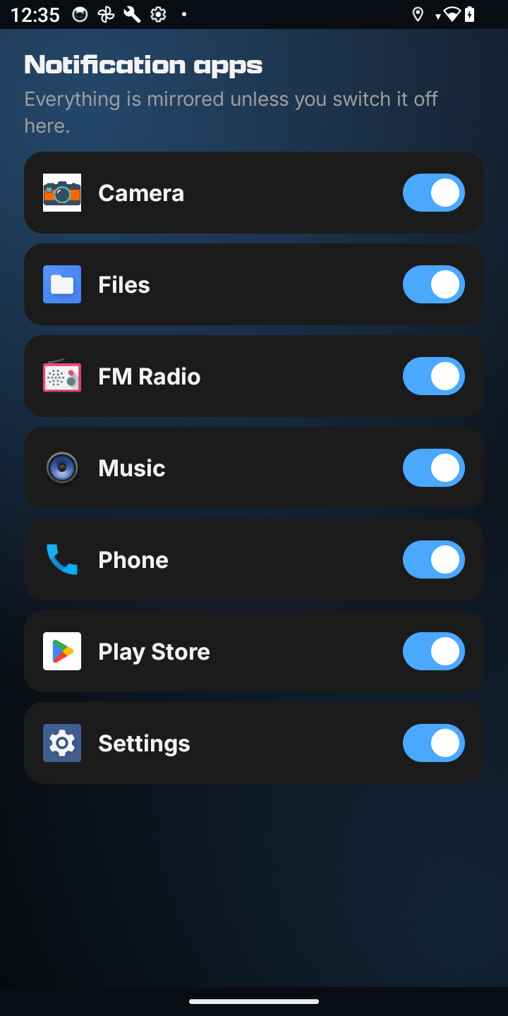 Notification apps list with a toggle per installed app