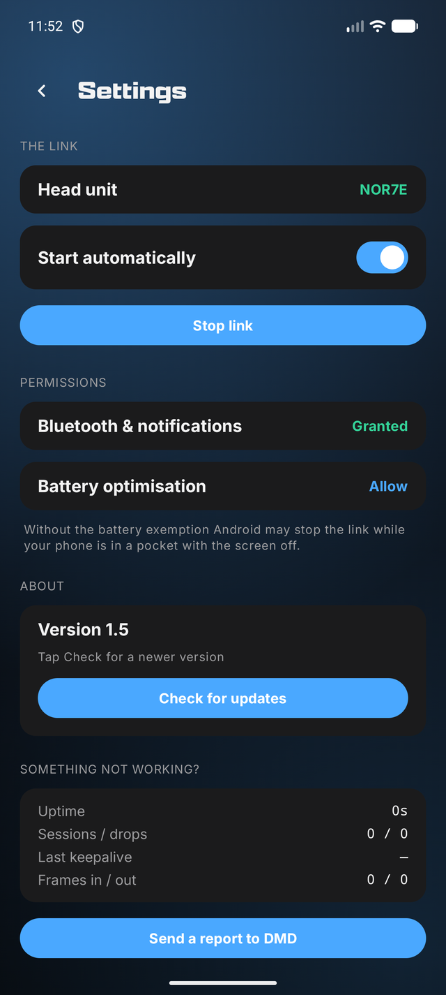 The Settings screen: the link and its head unit, permission rows, the version with a check button, and the diagnostics