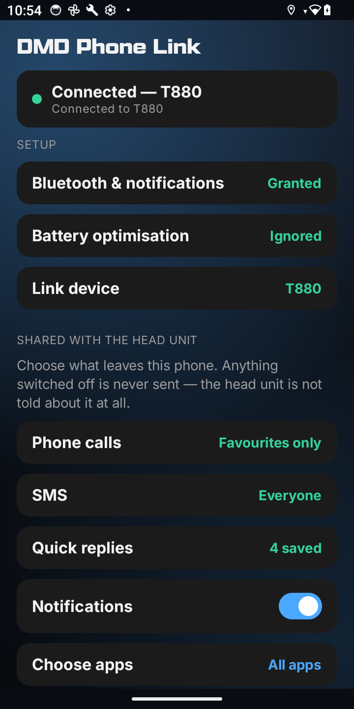 DMD Phone Link settings: status Connected — T880, permission rows, and the sharing filters