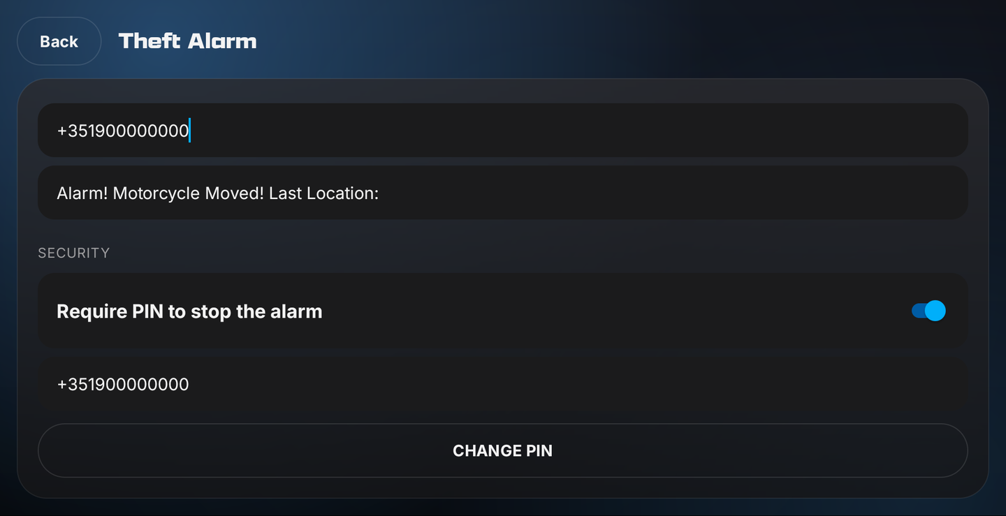 The Security section of Theft Alarm settings: Require PIN to stop the alarm, an owner contact field, and a Change PIN button