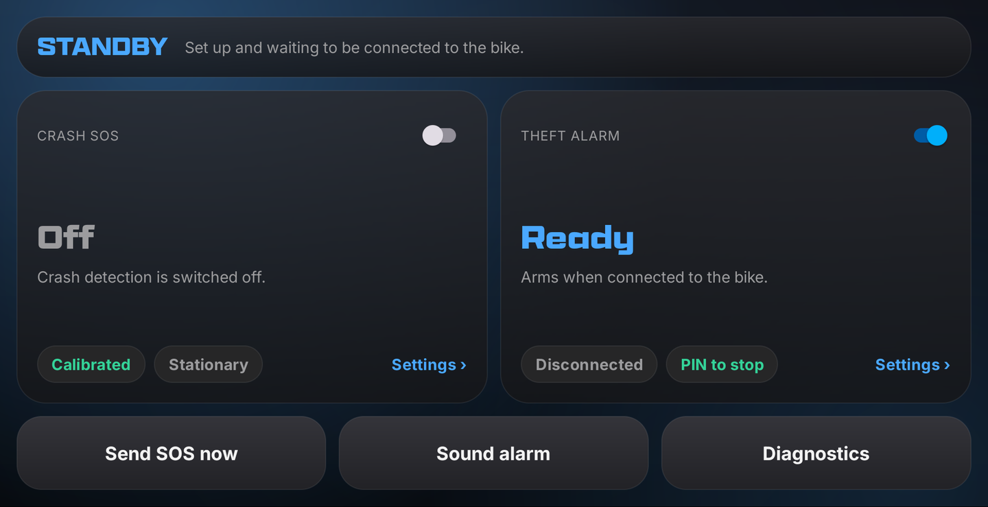 SOS & Alarm home screen: a STANDBY banner, a Crash SOS card switched off and a Theft Alarm card switched on and Ready