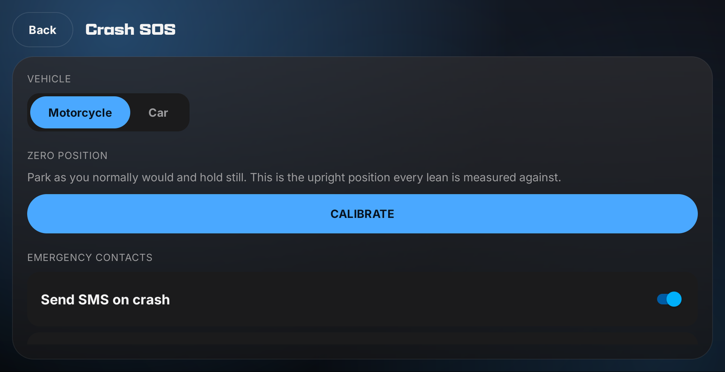 Crash SOS settings: vehicle type Motorcycle or Car, a Calibrate button, and the emergency contact switches