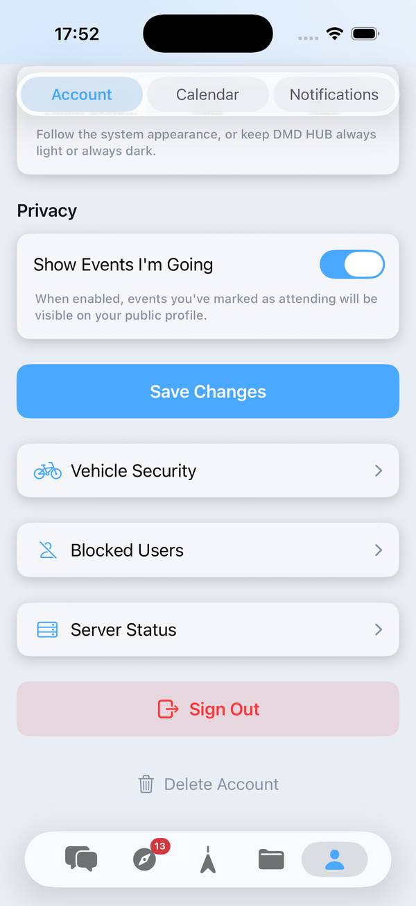 DMD HUB iPhone app, Account tab, showing the Vehicle Security row