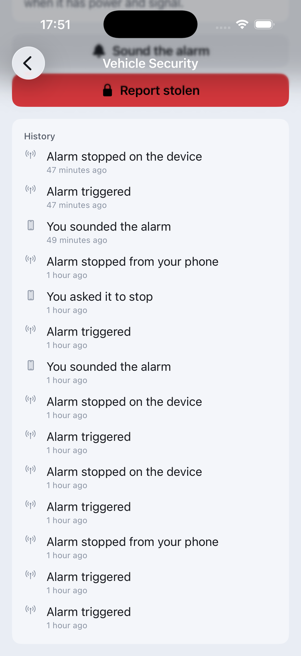 The history list: alarm triggered, alarm stopped on the device, you sounded the alarm, alarm stopped from your phone