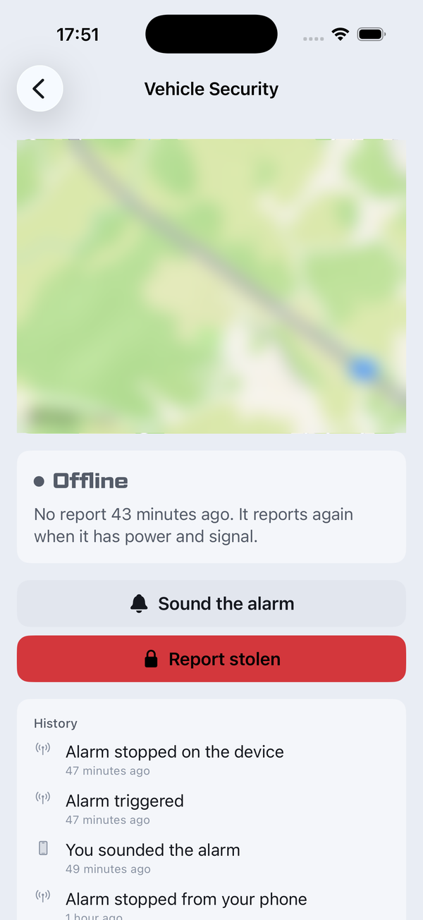 Vehicle Security screen: a map of the last reported position, an Offline status card, Sound the alarm and Report stolen buttons